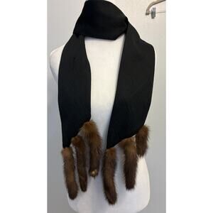 Vtg 1940s 50s Genuine Mink Fur Stole Scarf Wrap Black Fabric 6 Full Pelts Tails